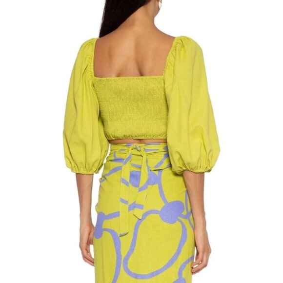 FARM RIO Chartreuse Green Linen Front Tie Puff Sleeve Crop Top Blouse, Size PP - Picture 3 of 15